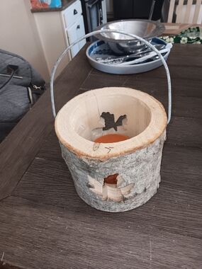 Birch Bark Tealight Holder with Silver Handle and Orange Candle